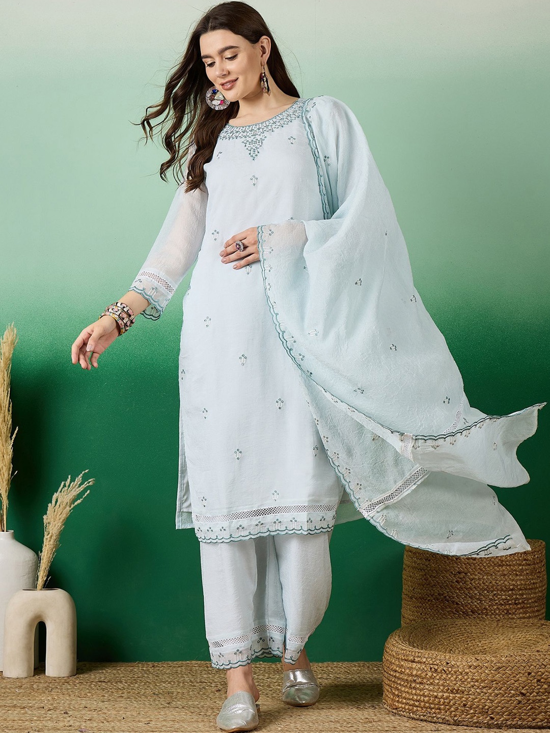 

Sangria Round Neck Embroidered Pure Cotton Kurta With Trousers & Dupatta, Blue