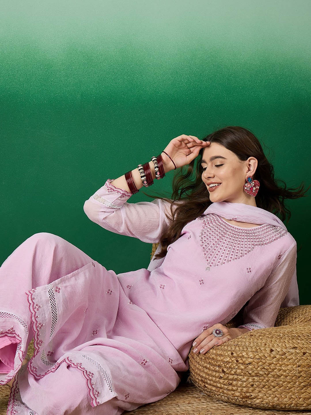 

Sangria Embroidered Pure Cotton Straight Kurta Sets With Worked Dupatta, Pink