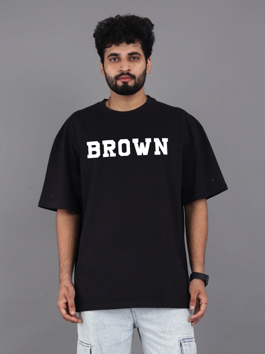

BROWN BROTHERS Men Typography Printed Oversized Pure Cotton Applique T-shirt, Black