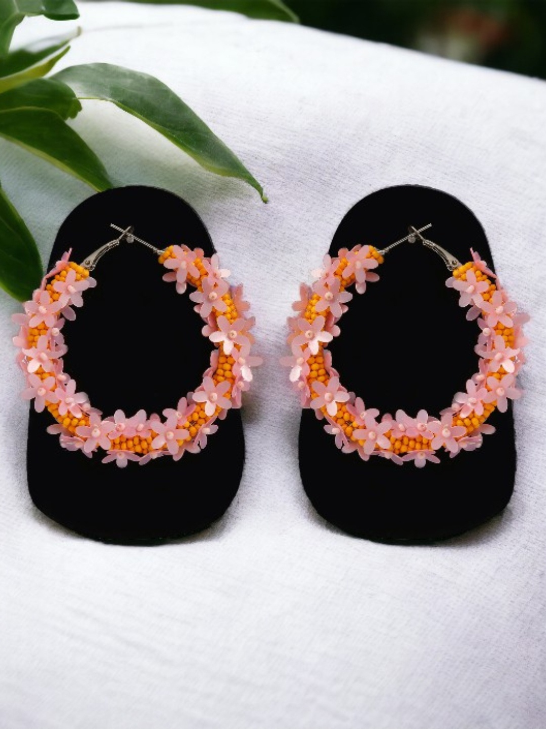

VIVAZS Circular Flowers Beaded Hoop Earrings, Orange