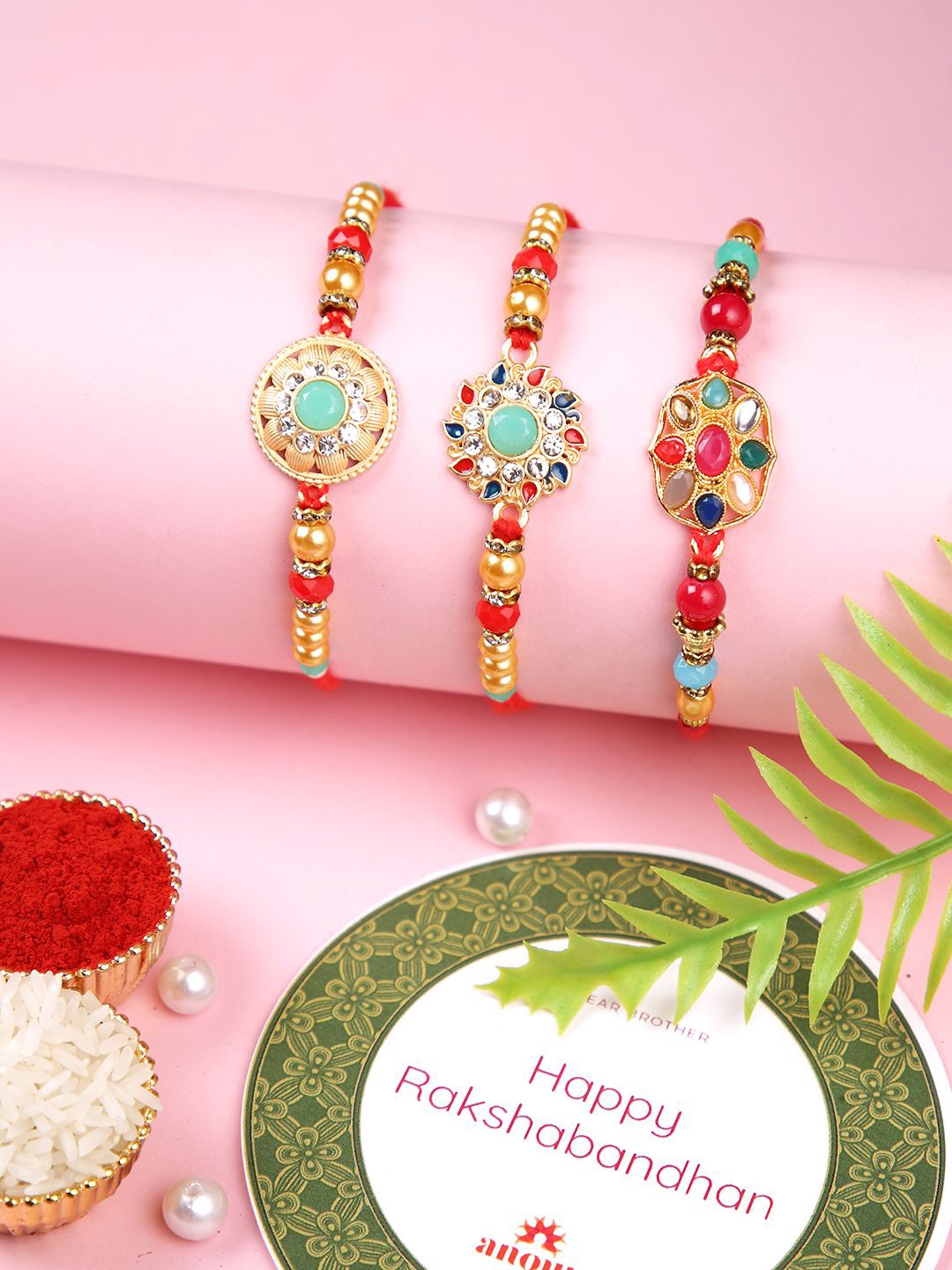 

Anouk Set Of 3 Gold-Toned Kundan-Studded & Beaded Rakhi With Roli Rice & Greeting Card