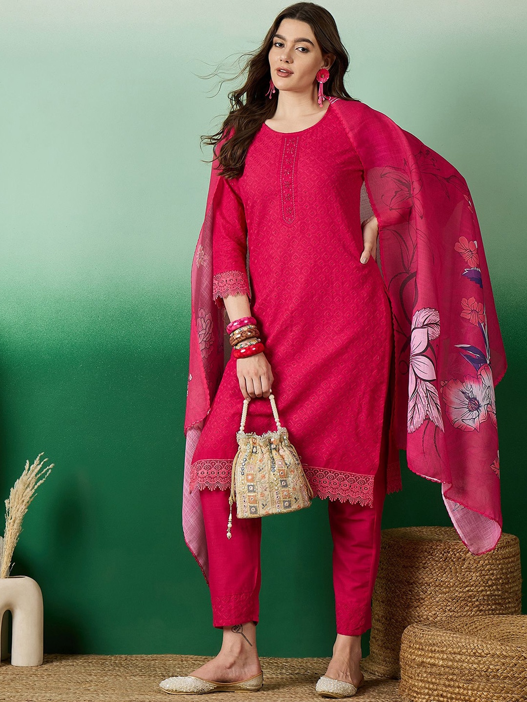 Sangria Embroidered Pure Cotton Straight Kurta With Trouser & Dupatta, Pink