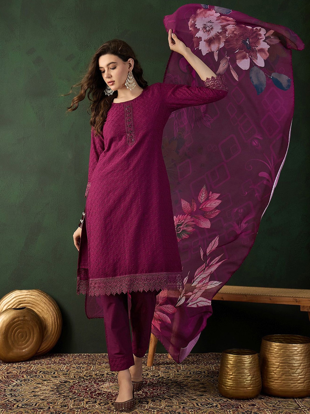 

Sangria Embroidered Pure Cotton Straight Kurta With Trouser & Dupatta, Purple
