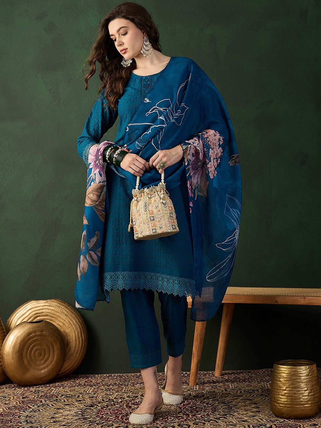 

Sangria Embroidered Pure Cotton Straight Kurta With Trouser & Dupatta, Blue