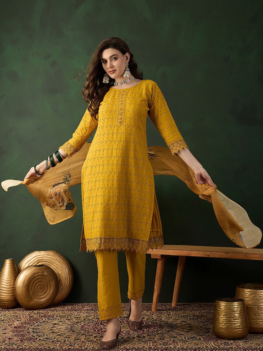 

Sangria Embroidered Pure Cotton Straight Kurta With Trouser & Dupatta, Yellow