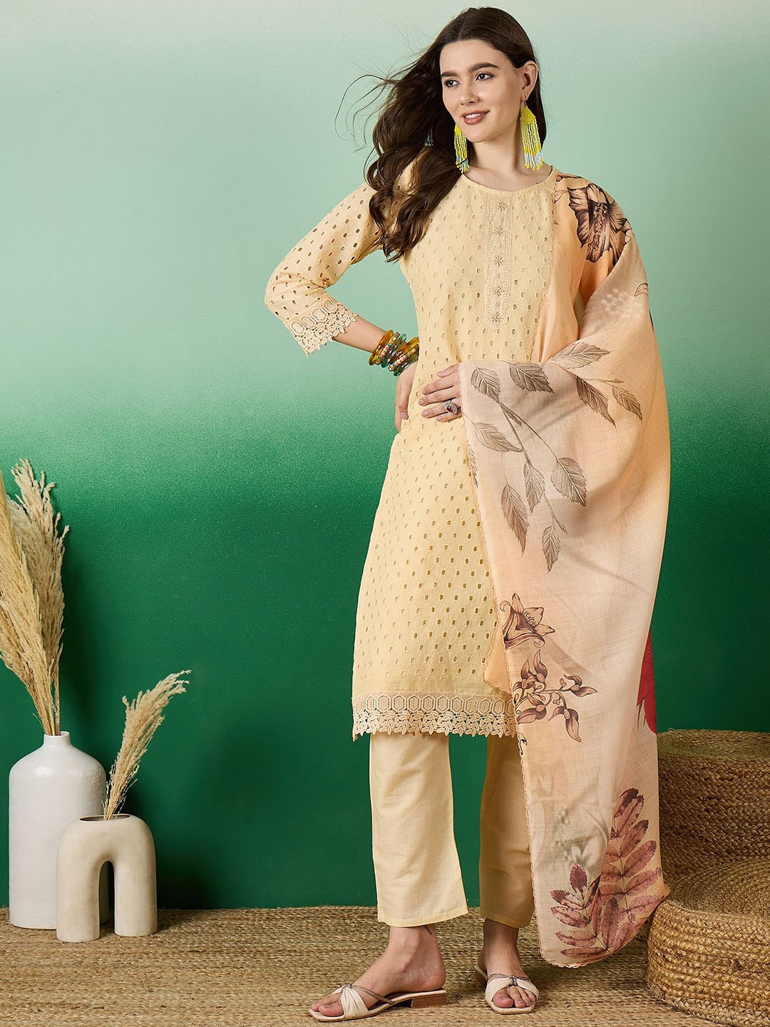 

Sangria Round Neck Embroidered Pure Cotton Straight Kurta With Trouser & Dupatta, Mustard
