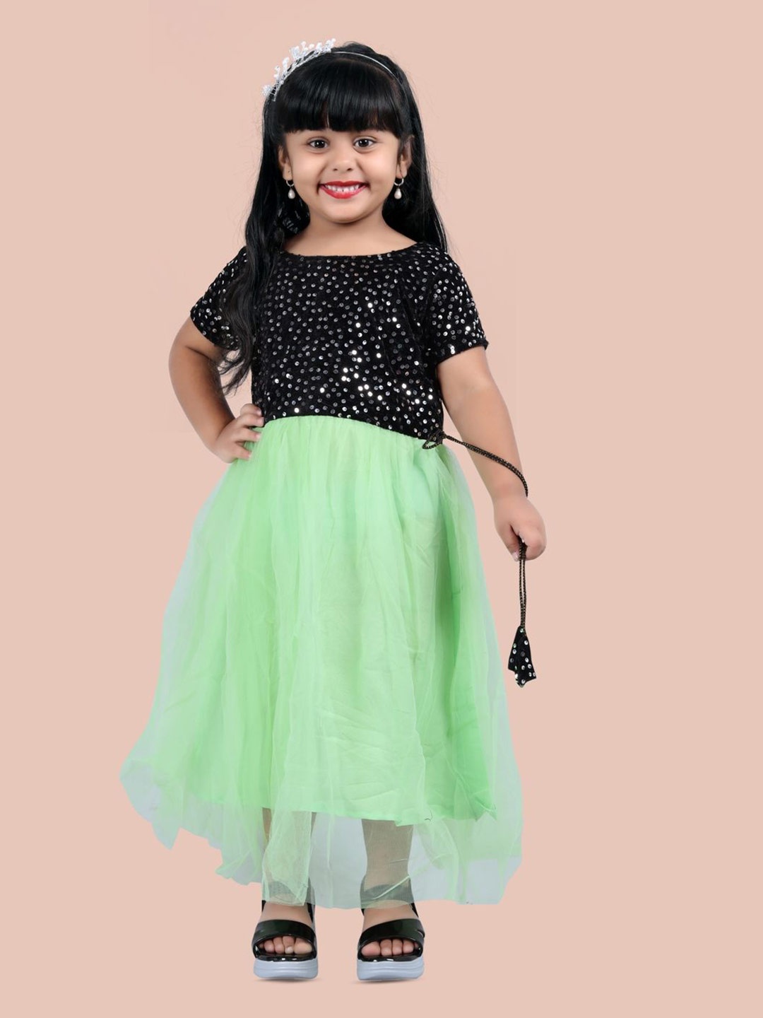 

Shrithi Fashion Fab Embellished Velvet And Net Fit & Flare Dress, Sea green