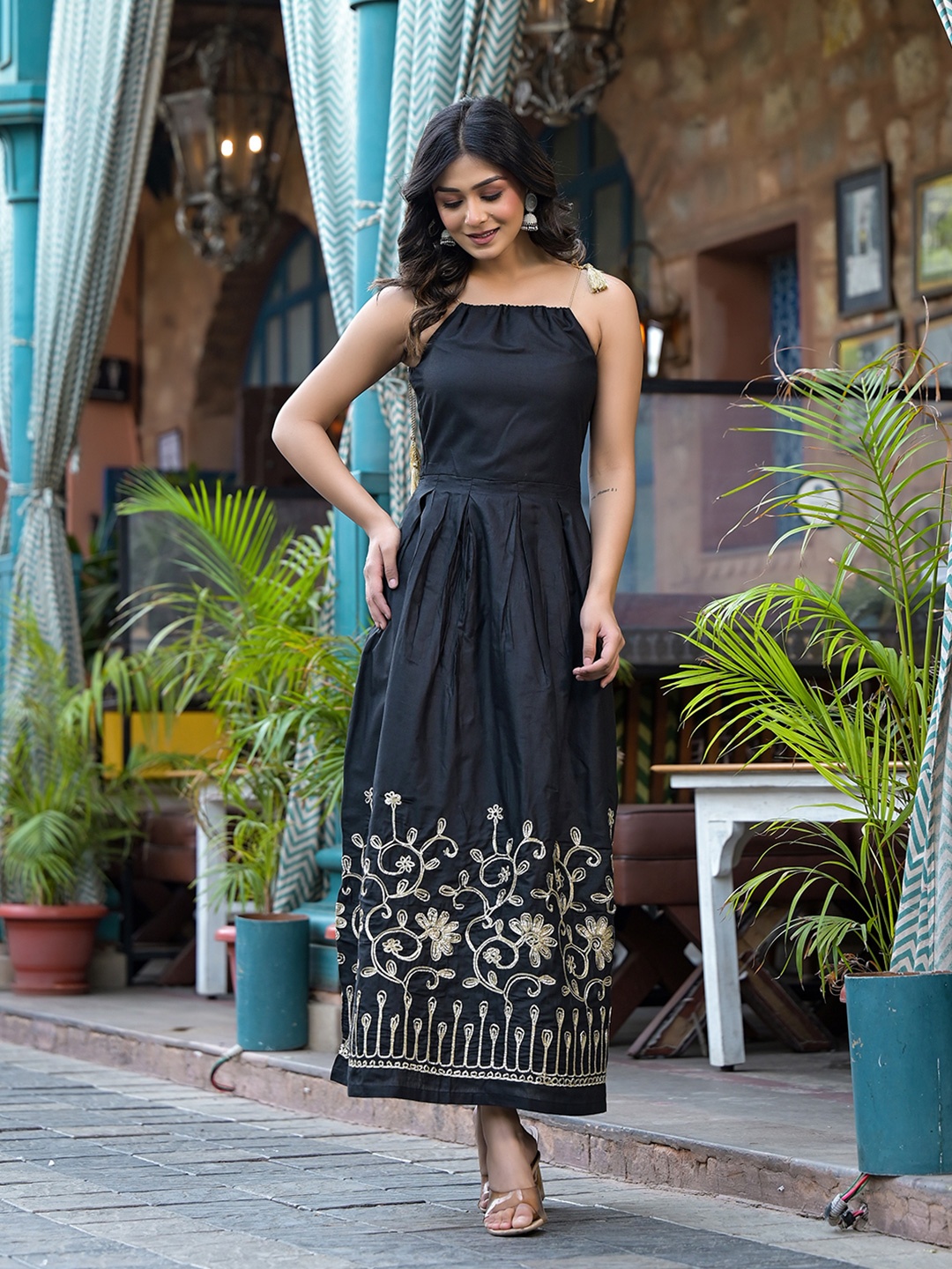 

AKS Couture Floral Embroidered Maxi Dress, Black