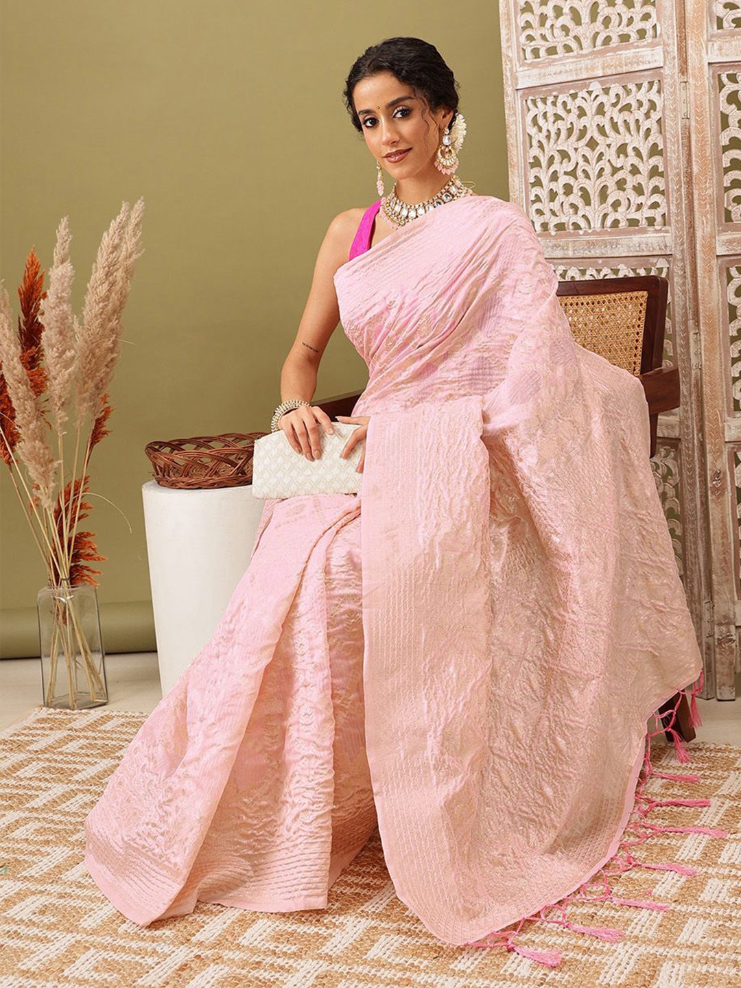 

Silk Land Woven Design Zari Bomkai Silk Saree, Pink