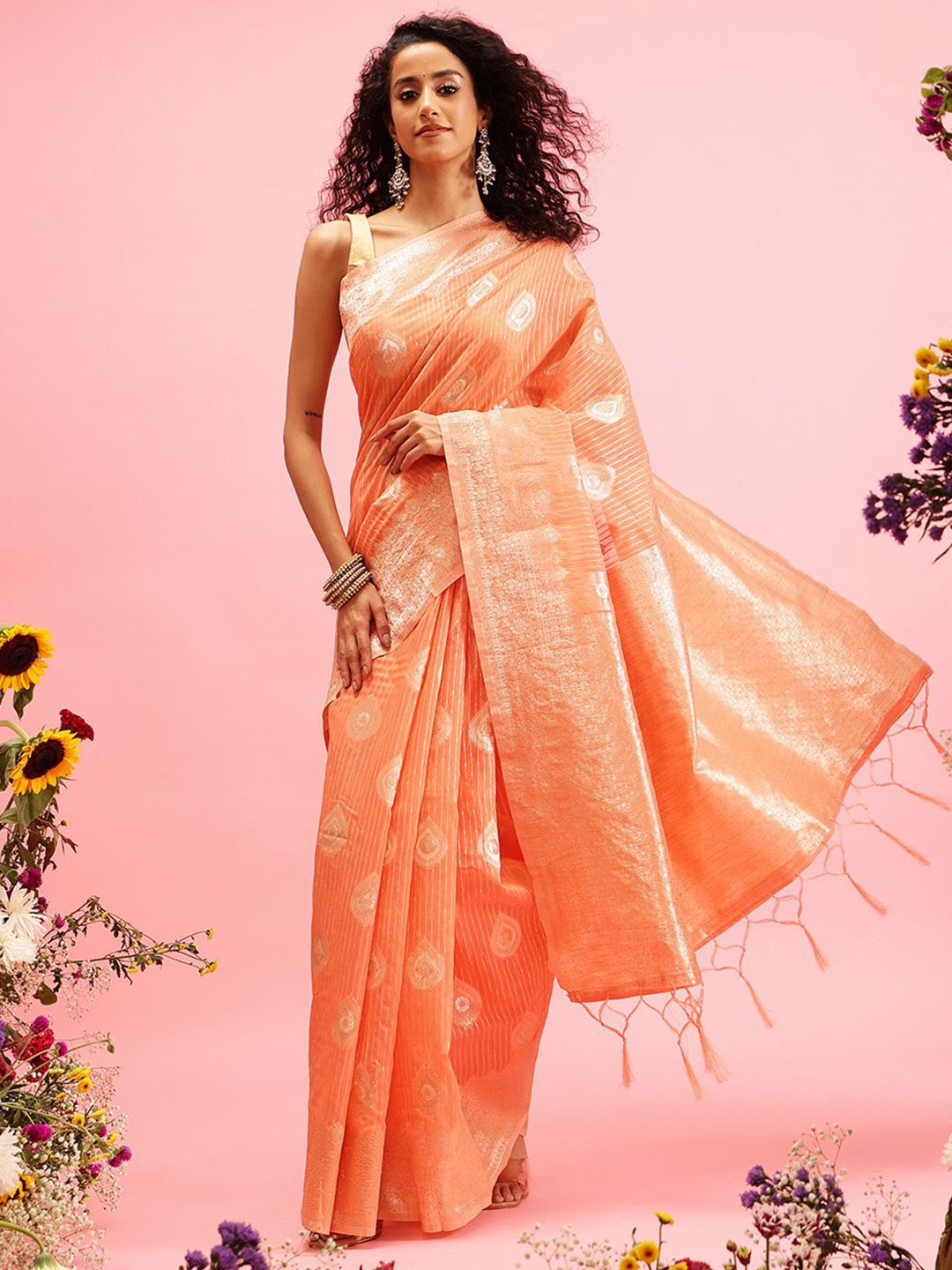 

Silk Land Woven Design Zari Bomkai silk Saree, Peach