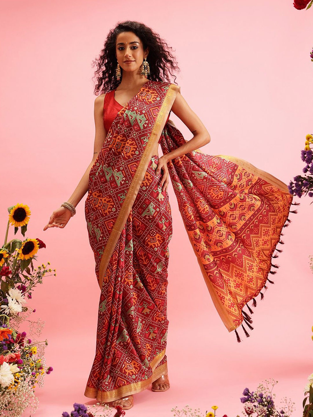 

Silk Land Ethnic Motifs Fusion Pochampally Digital Print Saree, Maroon
