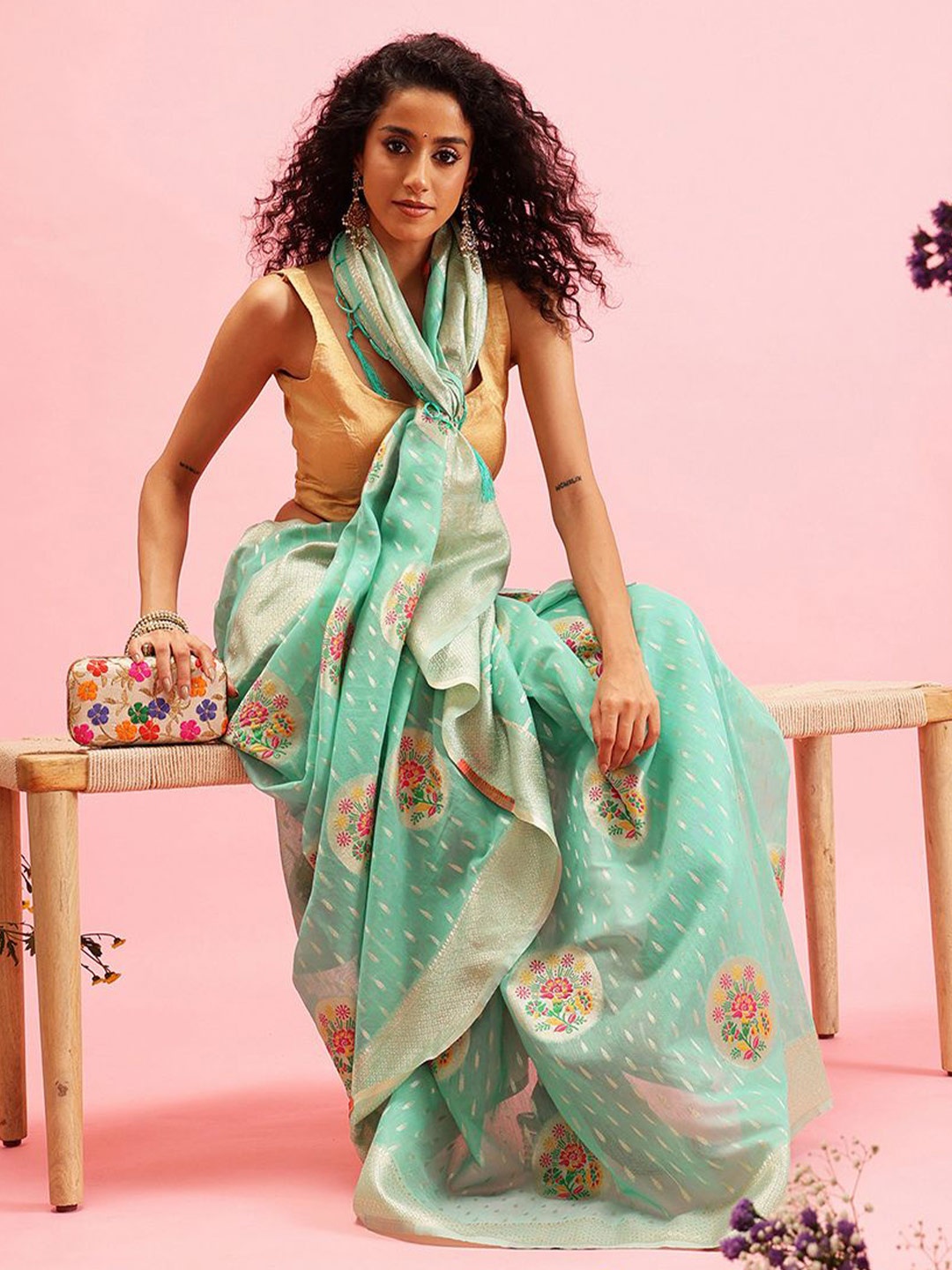 

Silk Land Ethnic Motif Jamdani Saree, Sea green