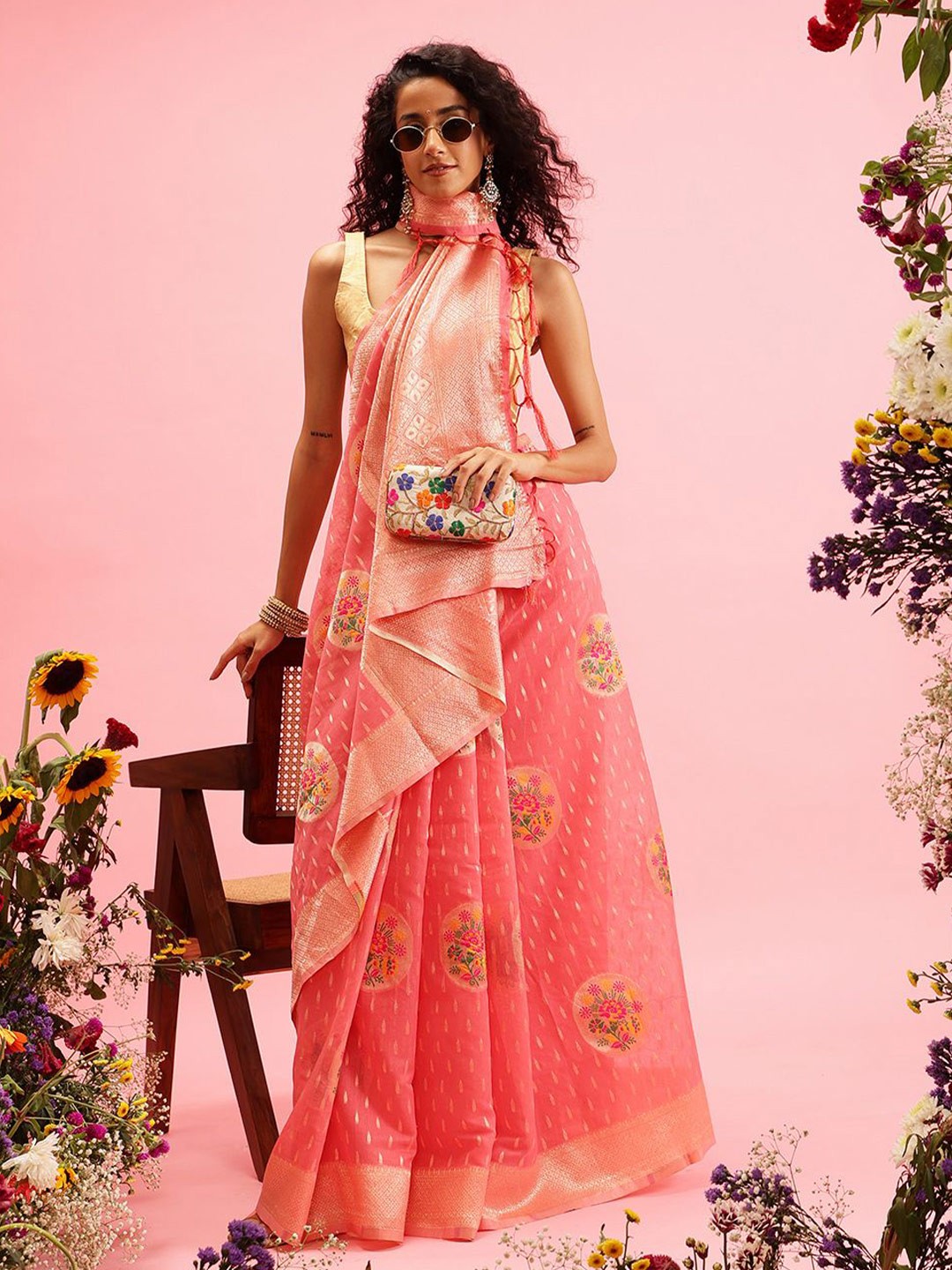 

Silk Land Ethnic Motif Zari Woven Jamdani Saree, Peach