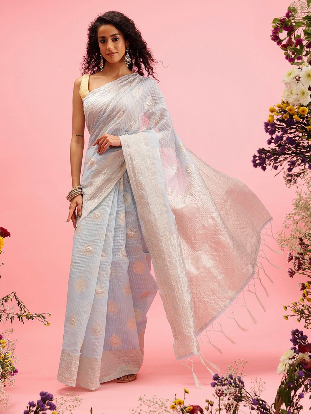 

Silk Land Striped Zari Woven Bomkai silk Saree, Blue