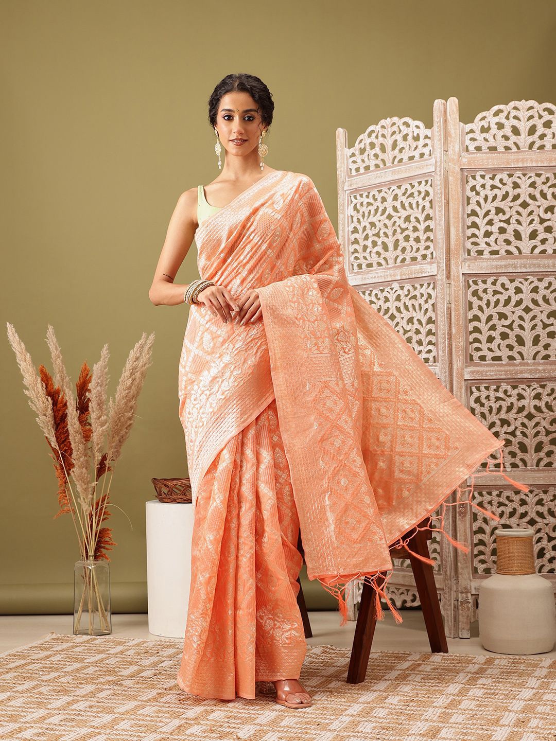 

Silk Land Woven Design Zari Bomkai silk Saree, Peach