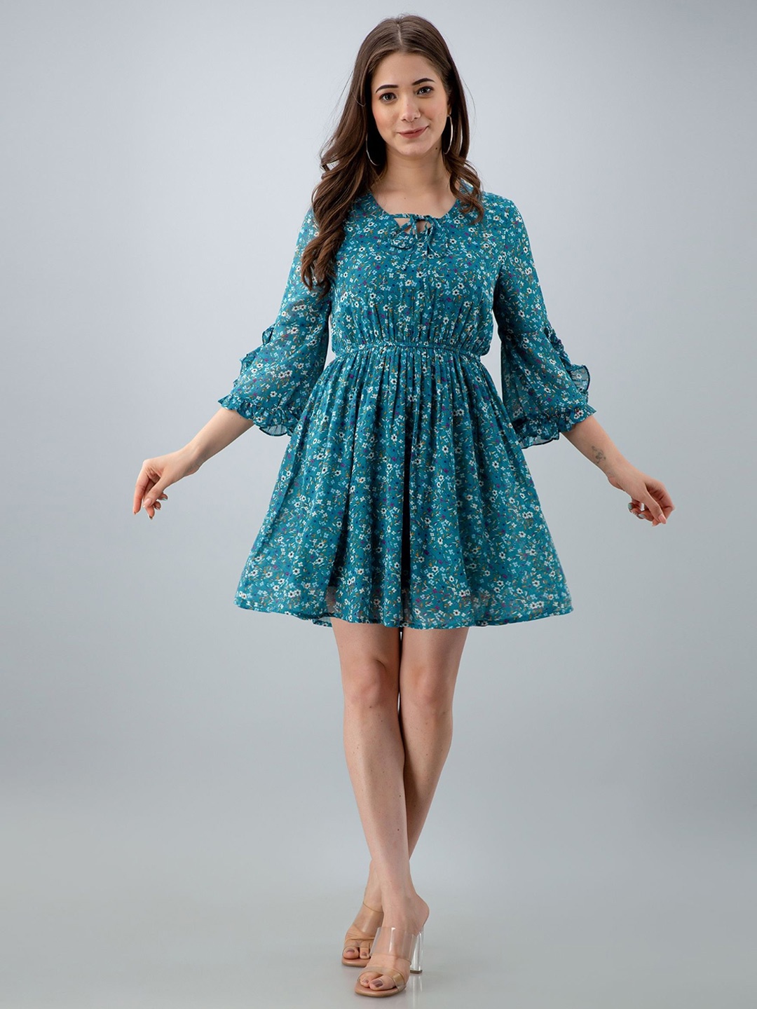 

PRETTY LOVING THING Women Floral Print Puff Sleeve Fit & Flare Dress, Blue