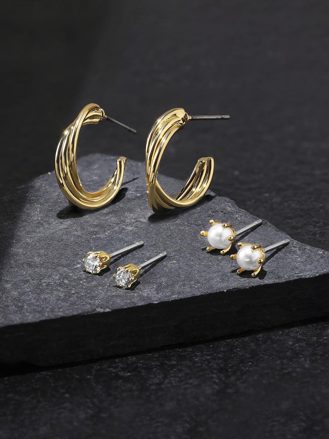 

Accessorize Set of 3 Gold Plated Geometric Studs & Hoop Earrings