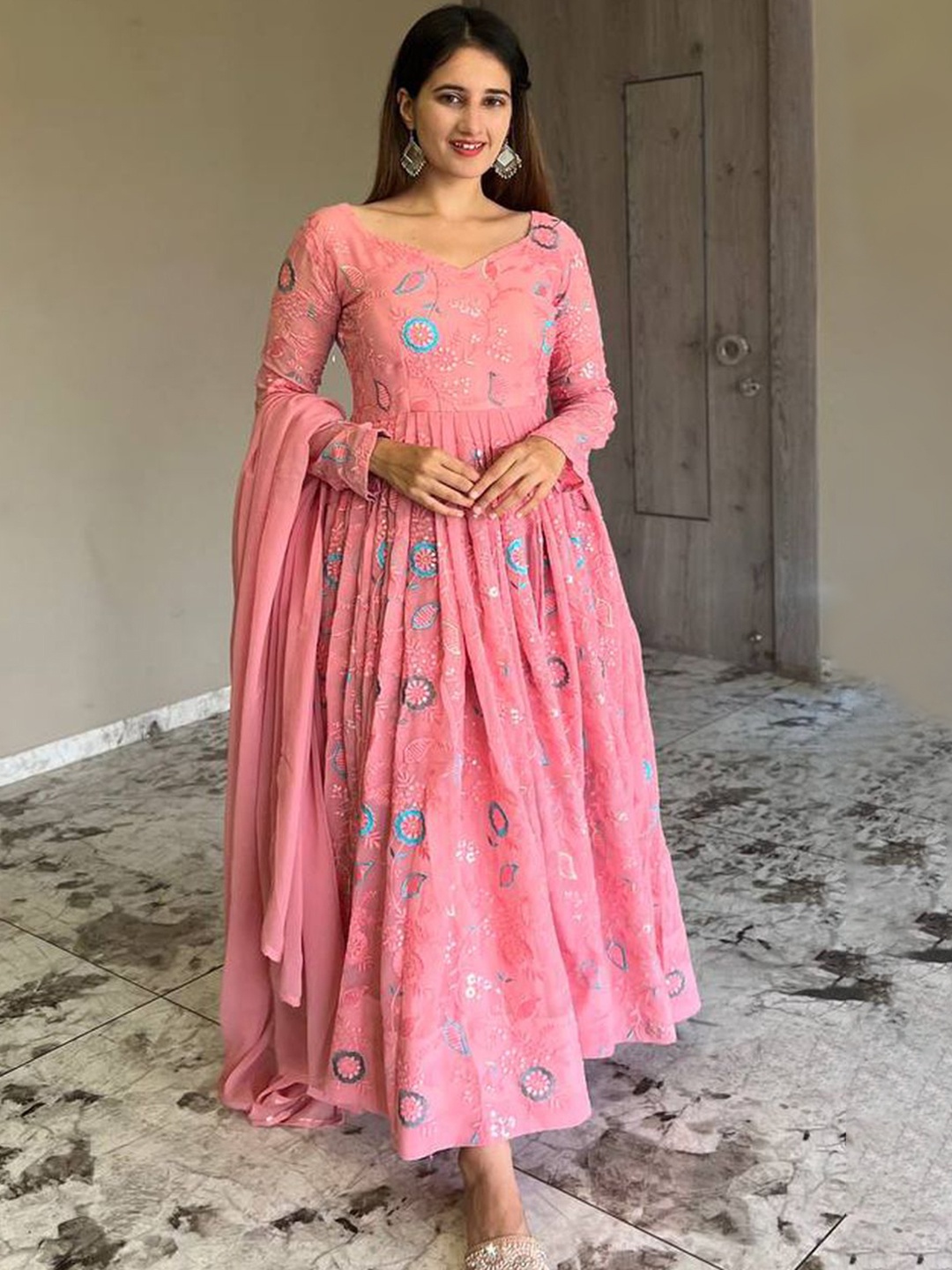 

KALINI Floral Embroidered Empire Sequinned Kurta with Trousers & With Dupatta, Pink