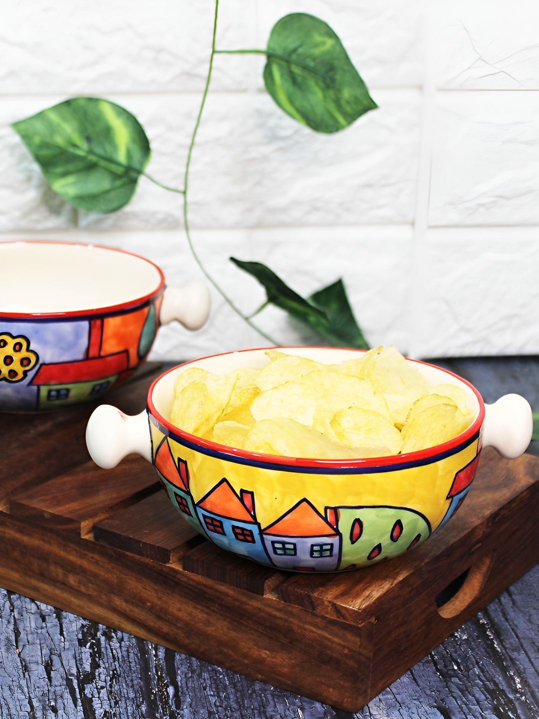 

The Artisan Emporium Yellow & Blue 2 Pieces Printed Ceramic Snack Bowls-300ml