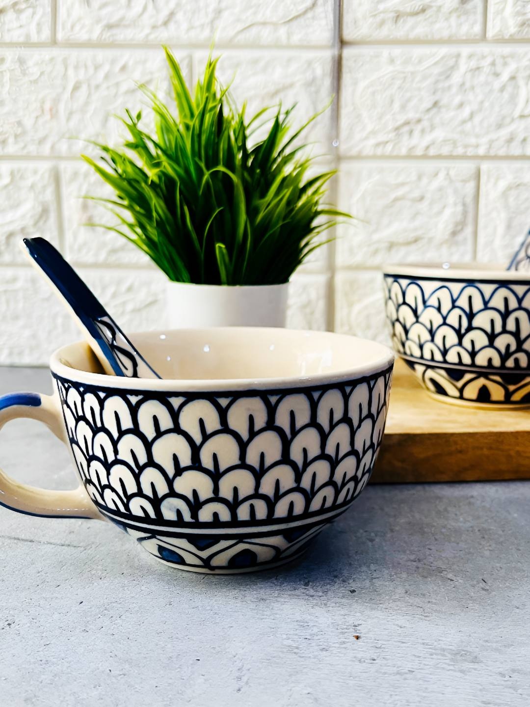 

The Artisan Emporium Off-White & Blue 2 Pieces Printed Ceramic Soup Bowls With Spoon-300ml