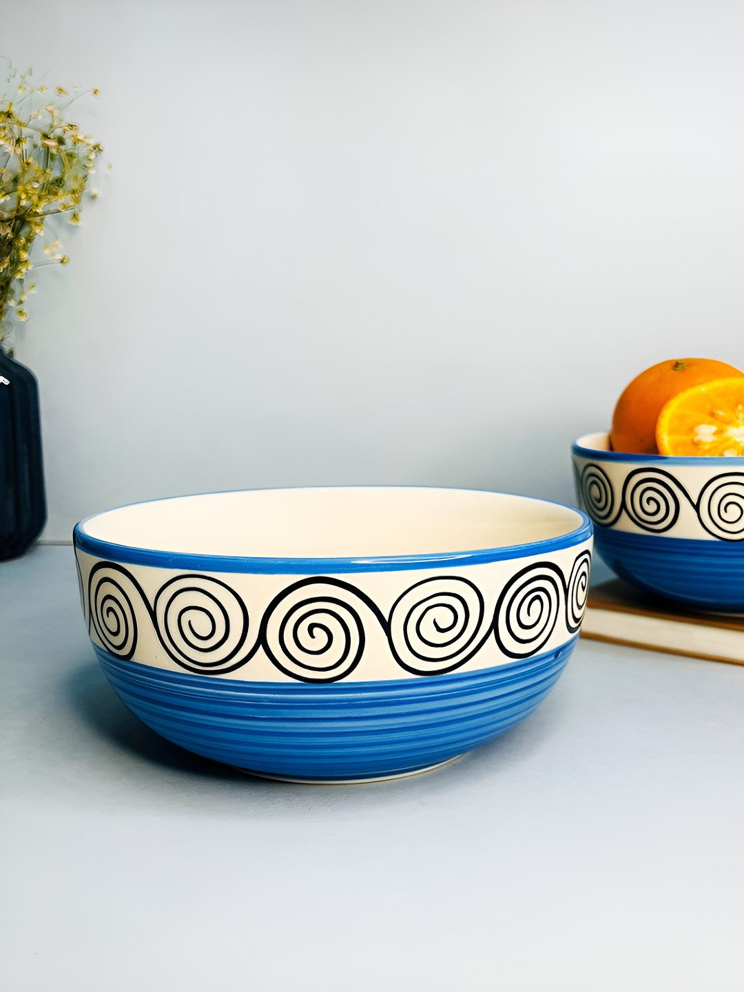 

The Artisan Emporium Blue & White 2 Pieces Printed Ceramic Serving Bowl