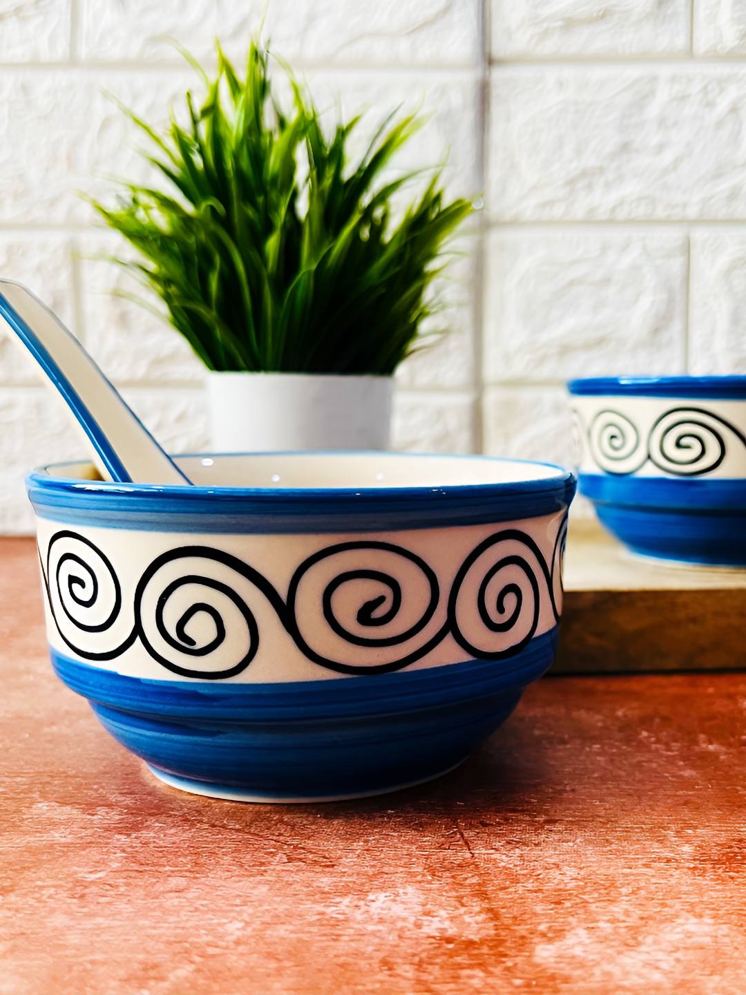

The Artisan Emporium Blue 2 Pieces Printed Ceramic Soup Bowls With Spoon Set 300ml
