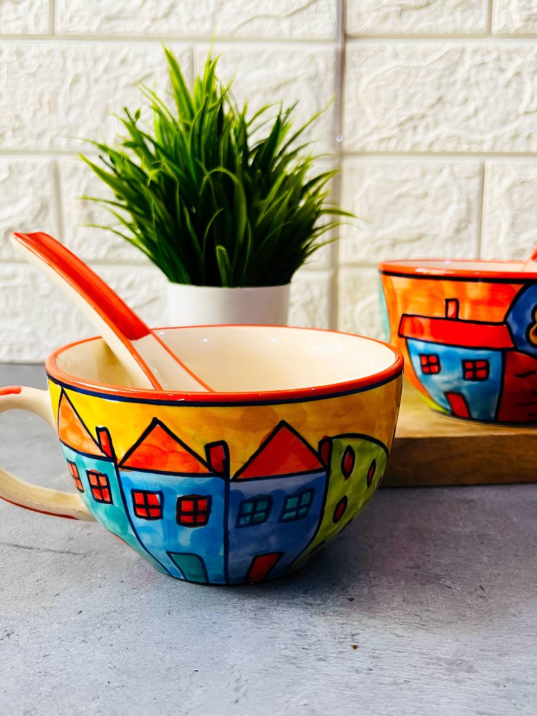 

The Artisan Emporium Yellow 2 Pieces Glossy Ceramic Soup Bowls With Spoon Set- 300 ml