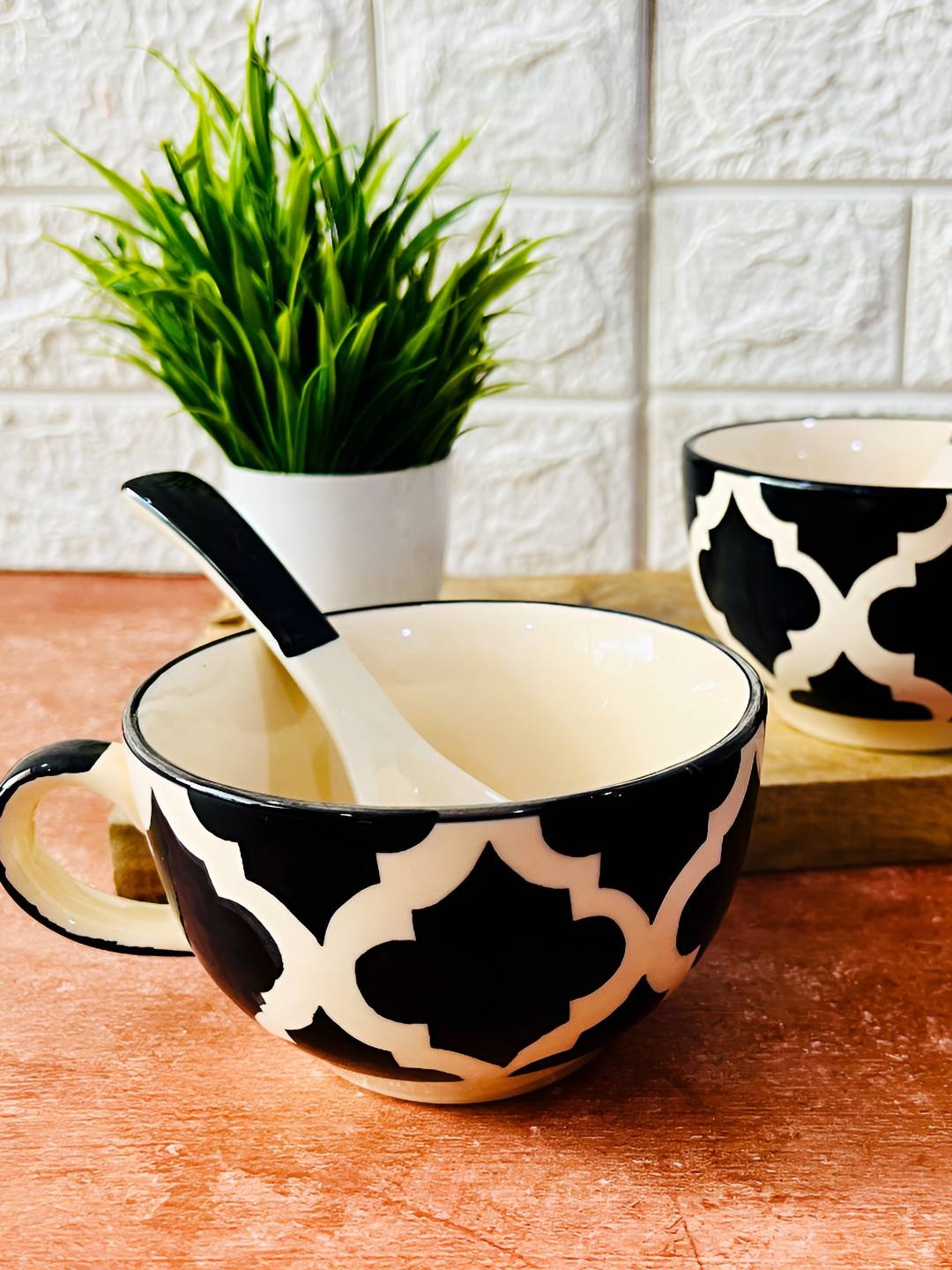 

The Artisan Emporium Black 2 Pieces Printed Ceramic Soup Bowls With Spoon Set-300ml