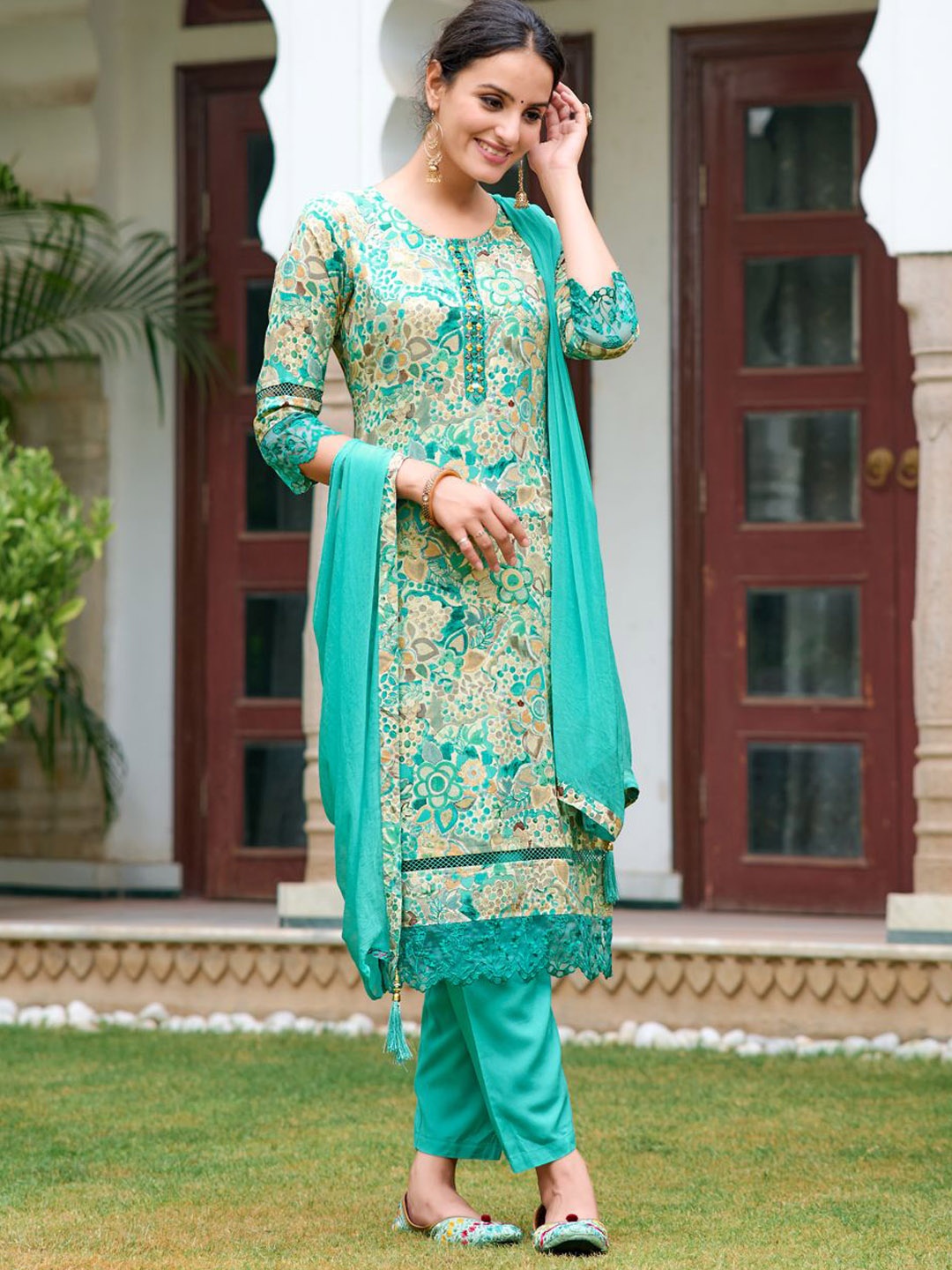 

KALINI Floral Embroidered Mirror Work Straight Kurta With Trousers & Dupatta, Blue