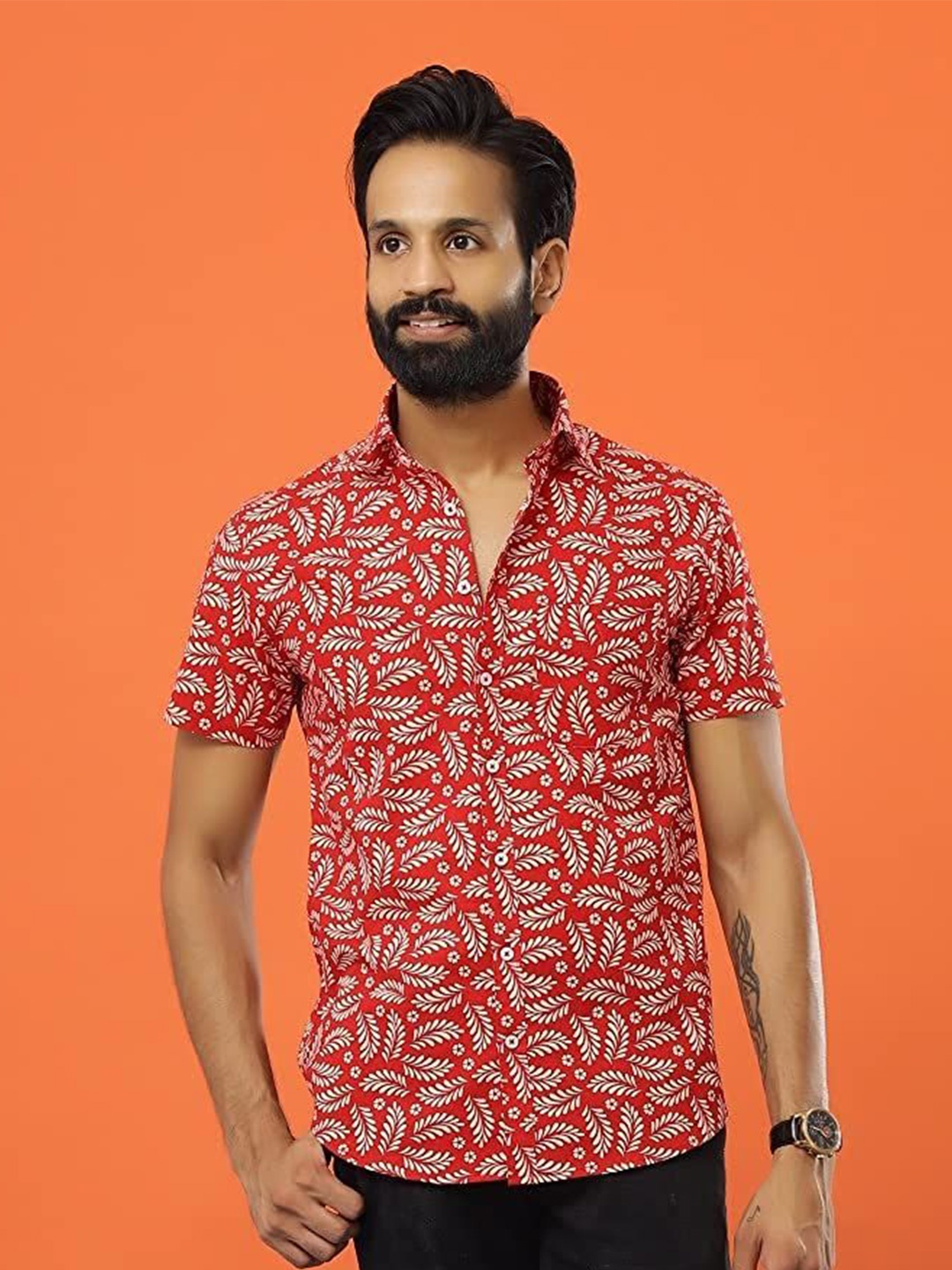 

SAY Men Classic Opaque Printed Cotton Casual Shirt, Red