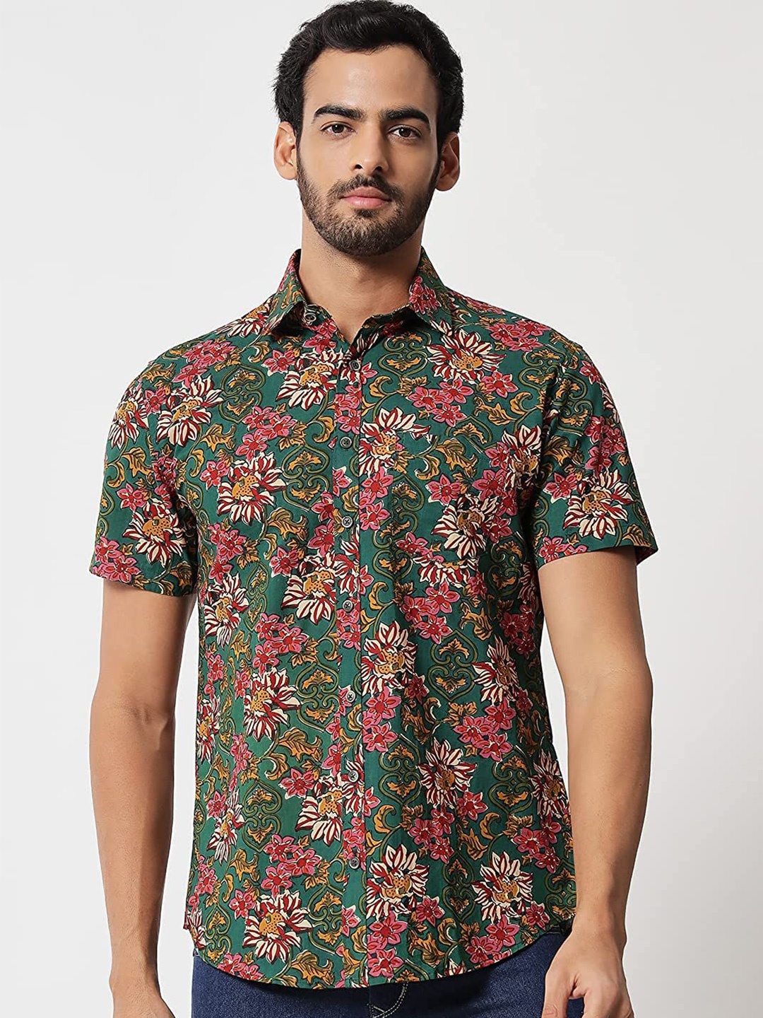 

SAY Men Classic Floral Opaque Printed Casual Shirt, Green