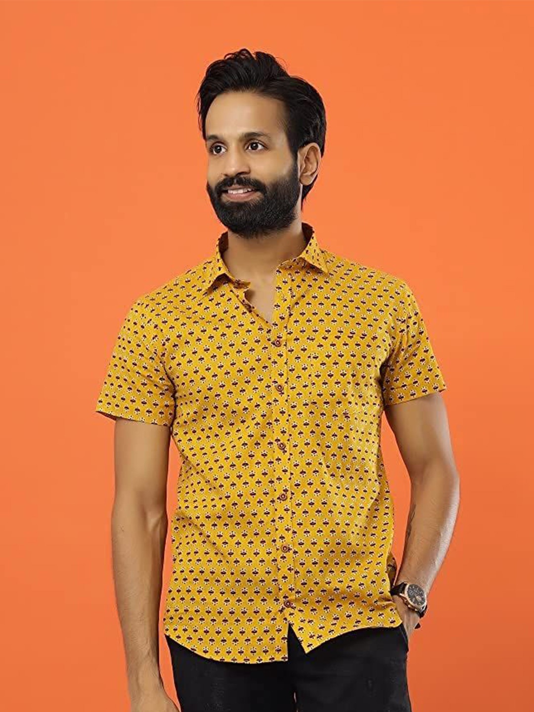 

SAY Men Classic Opaque Printed Casual Shirt, Mustard