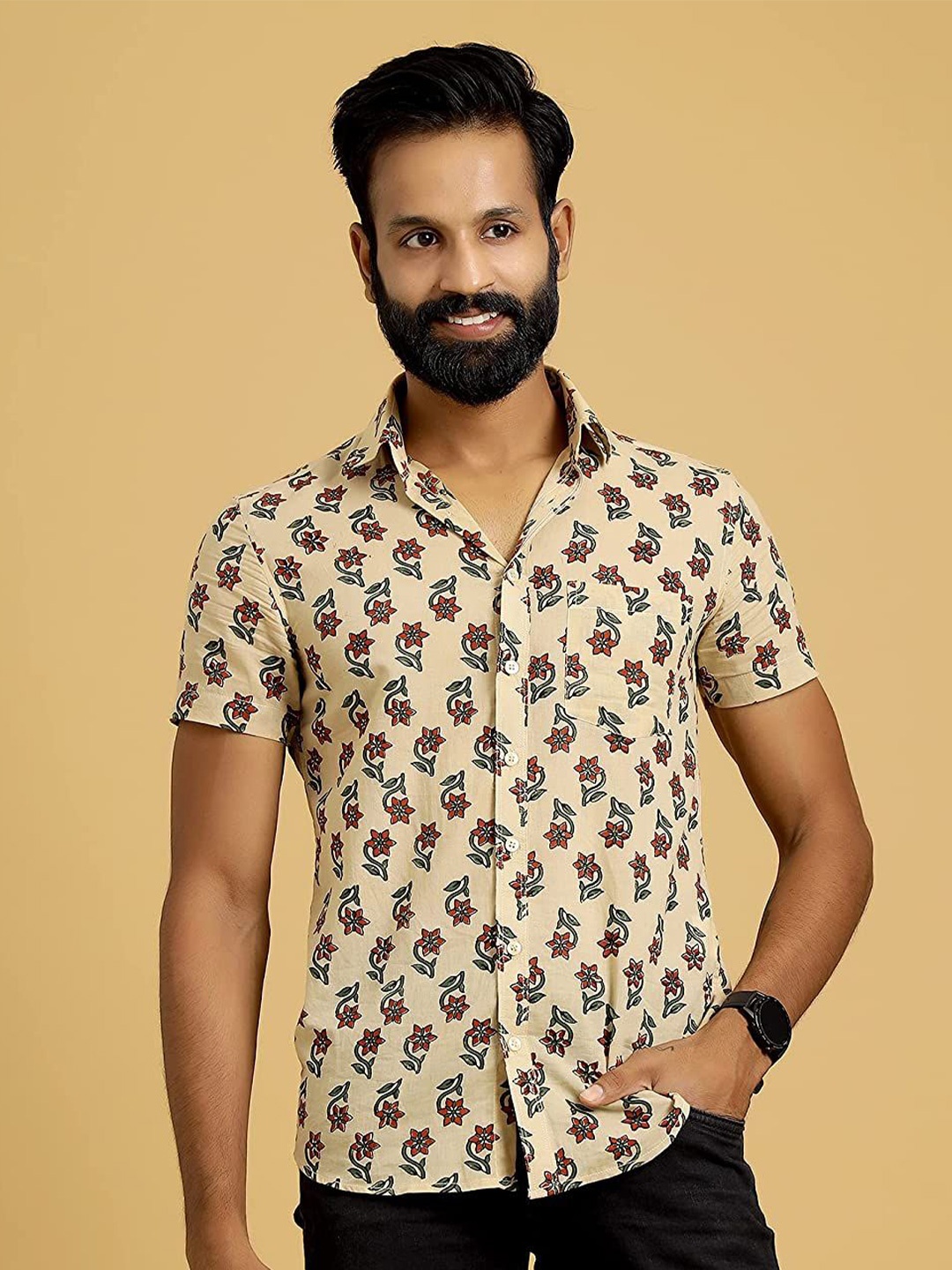 

SAY Men Classic Opaque Floral Printed Casual Shirt, Beige