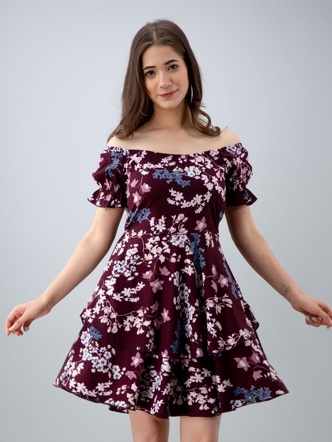 

PRETTY LOVING THING Women Floral Print Off-Shoulder Fit & Flare Fit & Flare Dress, Maroon