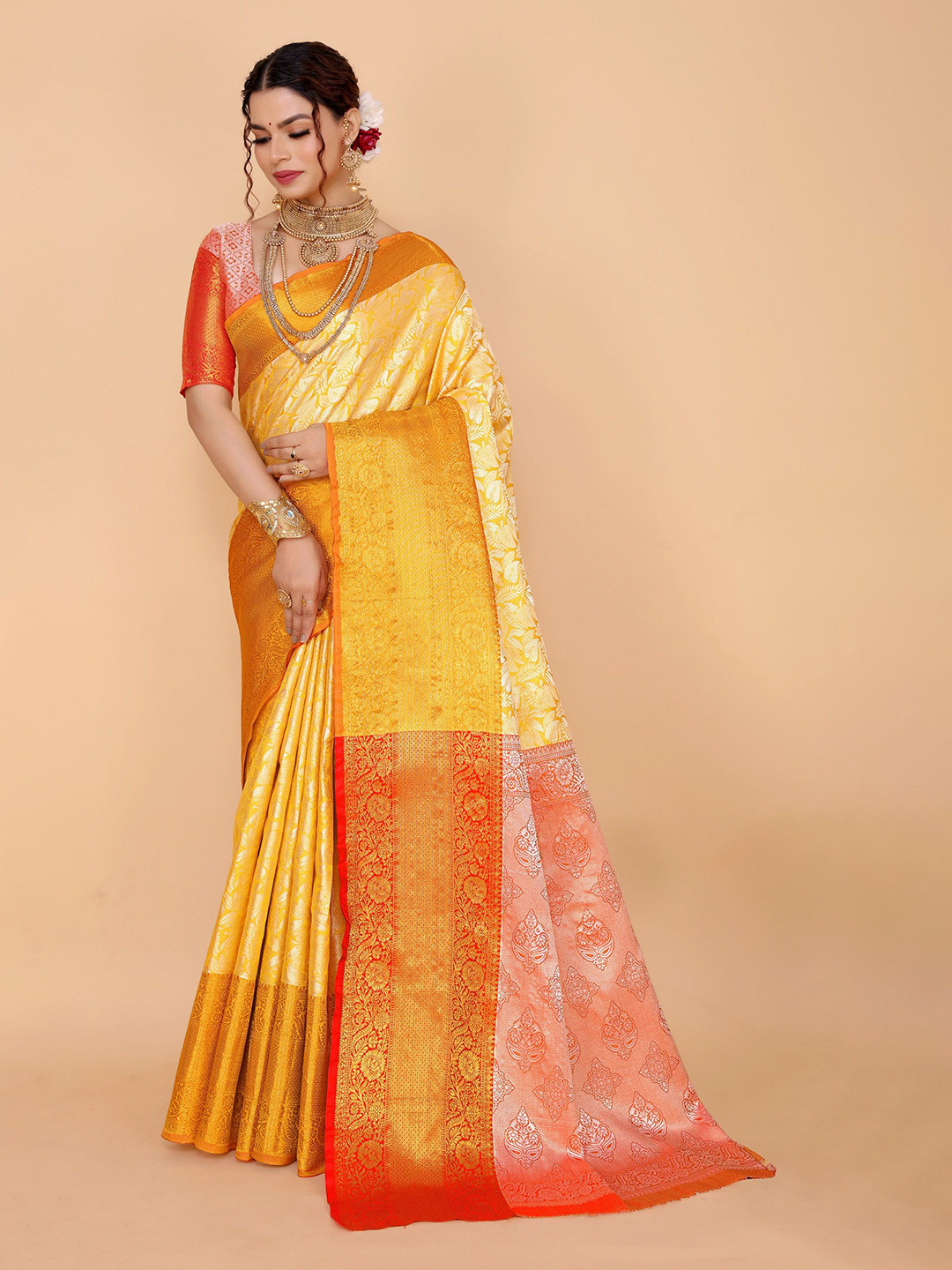 

JAY FASHION Woven Design Zari Kanjeevaram Saree, Yellow
