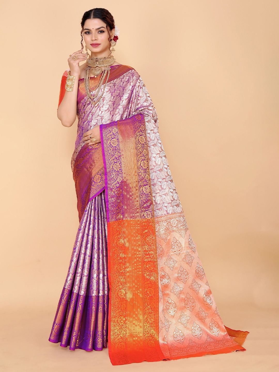 

JAY FASHION Floral Zari Kanjeevaram Saree, Purple