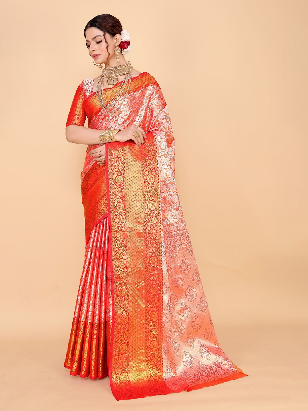 

JAY FASHION Woven Design Zari Kanjeevaram Saree With Blouse Piece, Orange