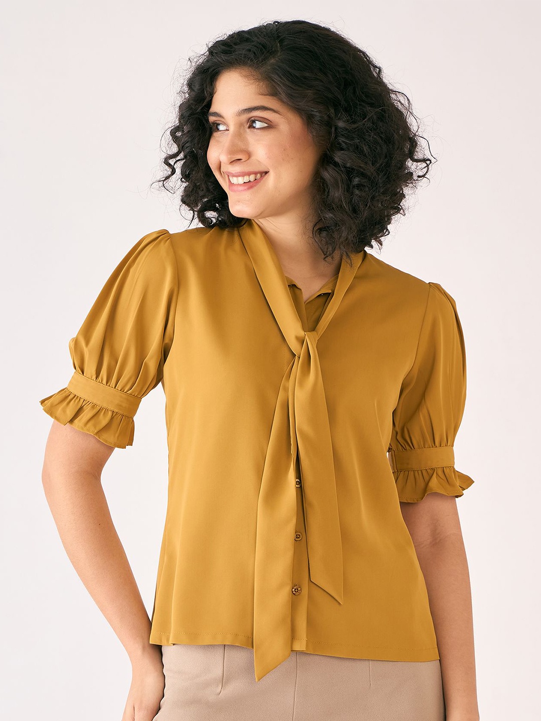 

SALT ATTIRE Tie-Up Neck Puff Sleeve Top, Yellow