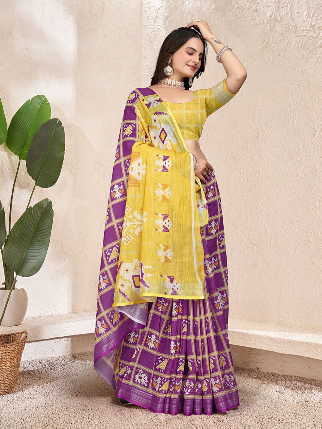

Pionex Checked Zari Pure Linen Patola Saree, Purple