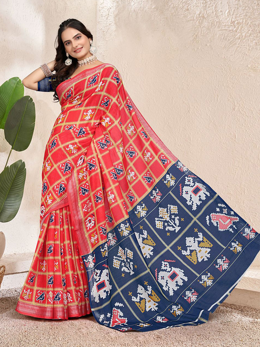 

Pionex Checked Zari Woven Pure Linen Patola Saree, Red