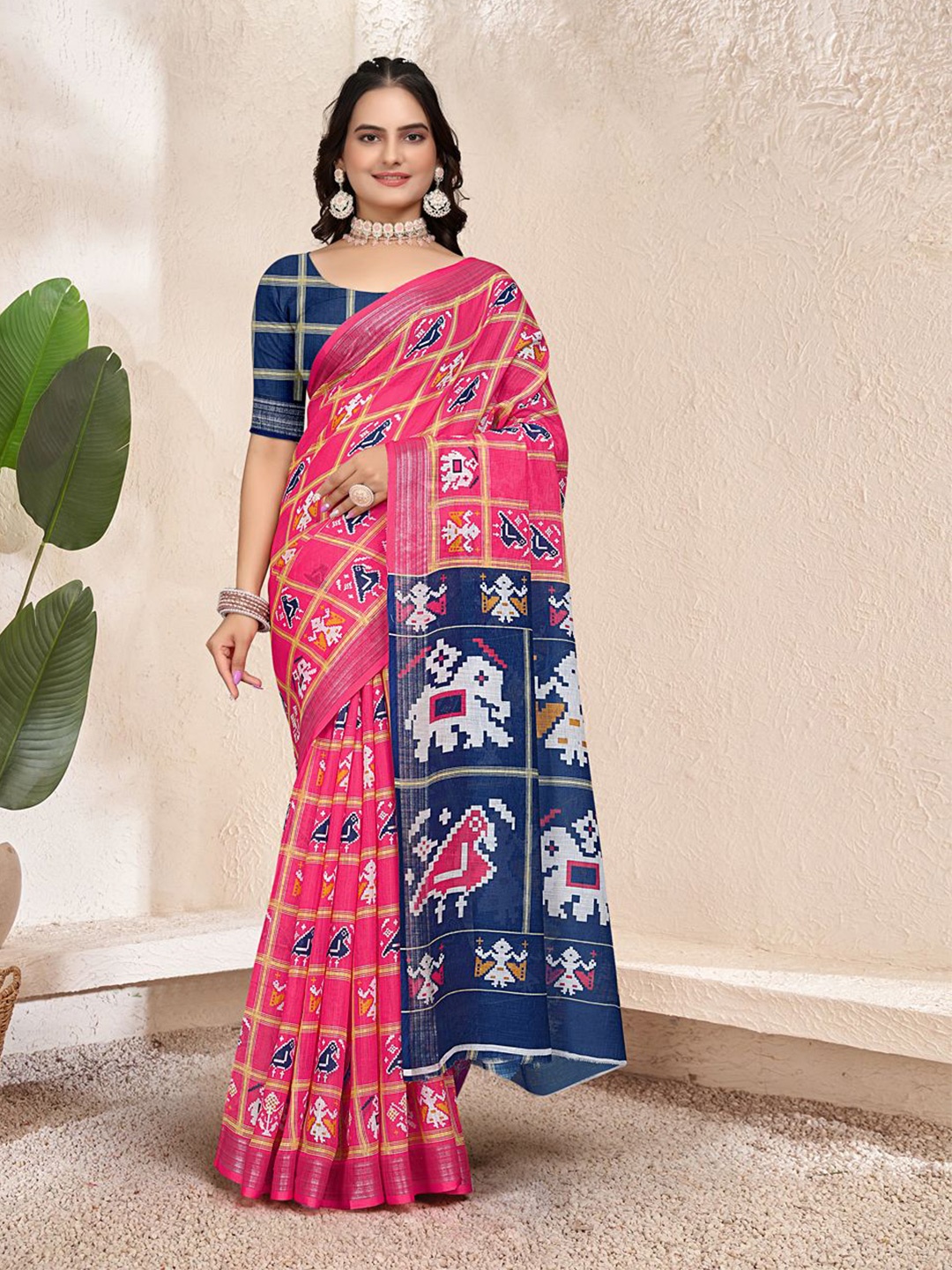 

Pionex Printed Zari Pure Linen Patola Saree, Pink