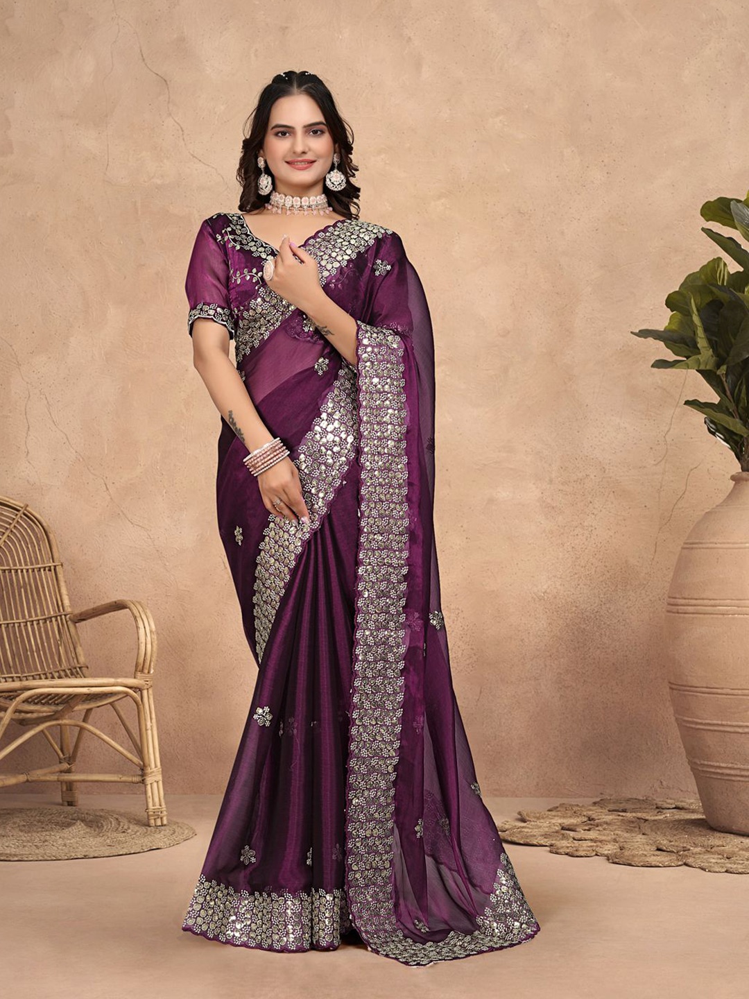 

Pionex Embellished Sequinned Organza Heavy Work Saree, Purple
