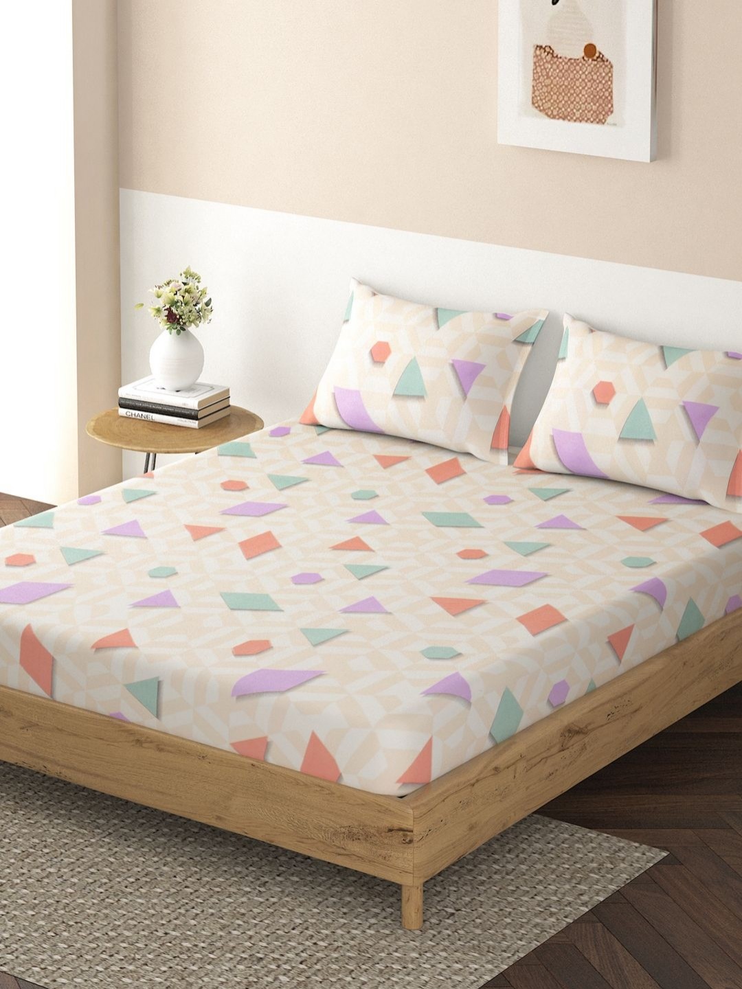 

HOKIPO Beige & Purple Geometric Fitted 130 TC Queen Bedsheet with 2 Pillow Covers