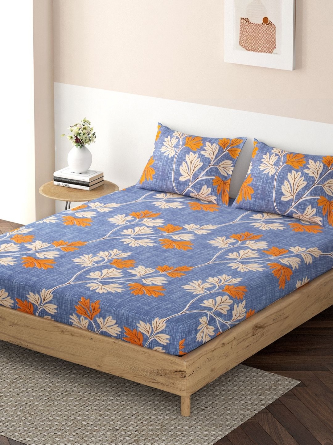 

HOKIPO Blue & Orange Floral Fitted 120 TC Queen Bedsheet with 2 Pillow Covers