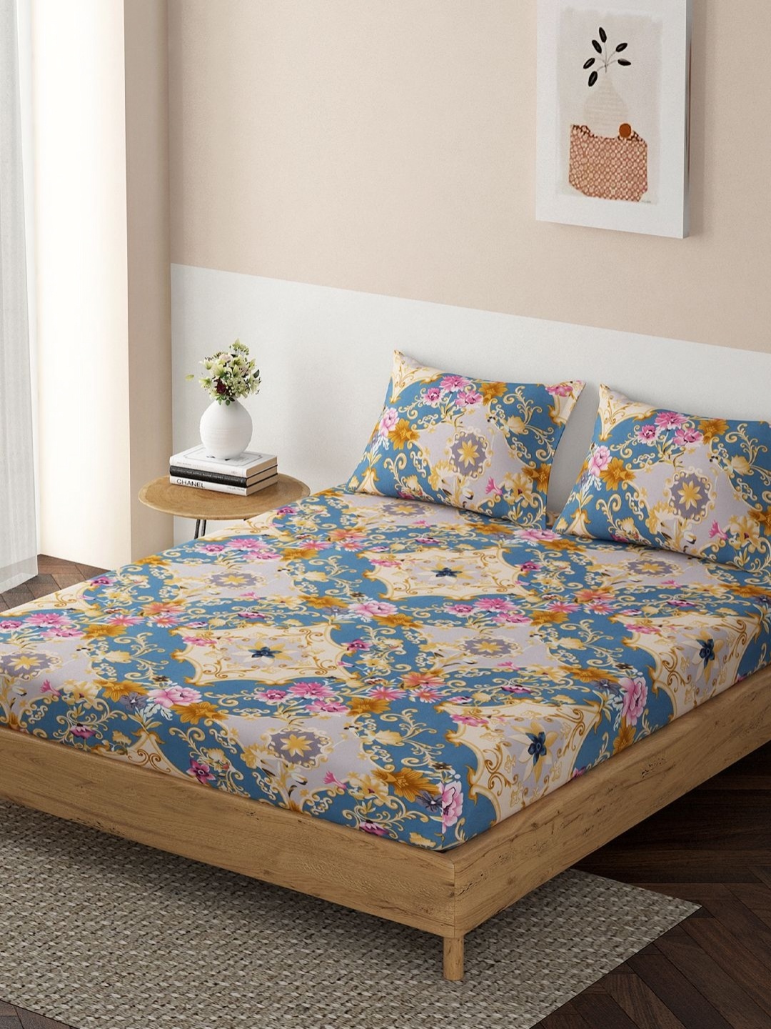 

HOKIPO Blue Floral Microfiber Fitted 140 TC Queen Bedsheet with 1 Pillow Covers