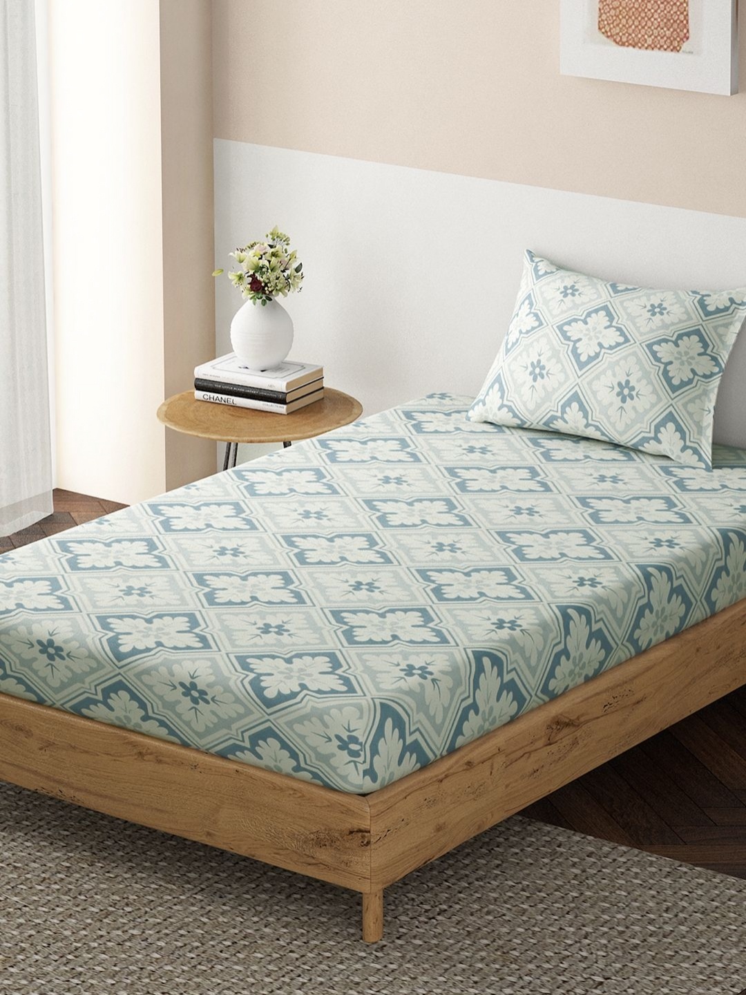 

HOKIPO Blue & Cream Floral 140 TC Microfiber Fitted Single Bedsheet & 1 Pillow Cover