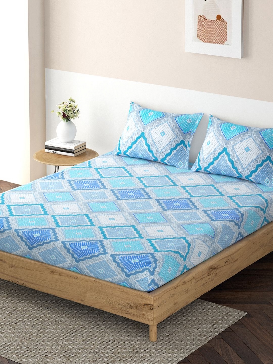 

HOKIPO Blue & Grey Geometric Printed Fitted 120 TC Queen Bedsheet With 2 Pillow Covers