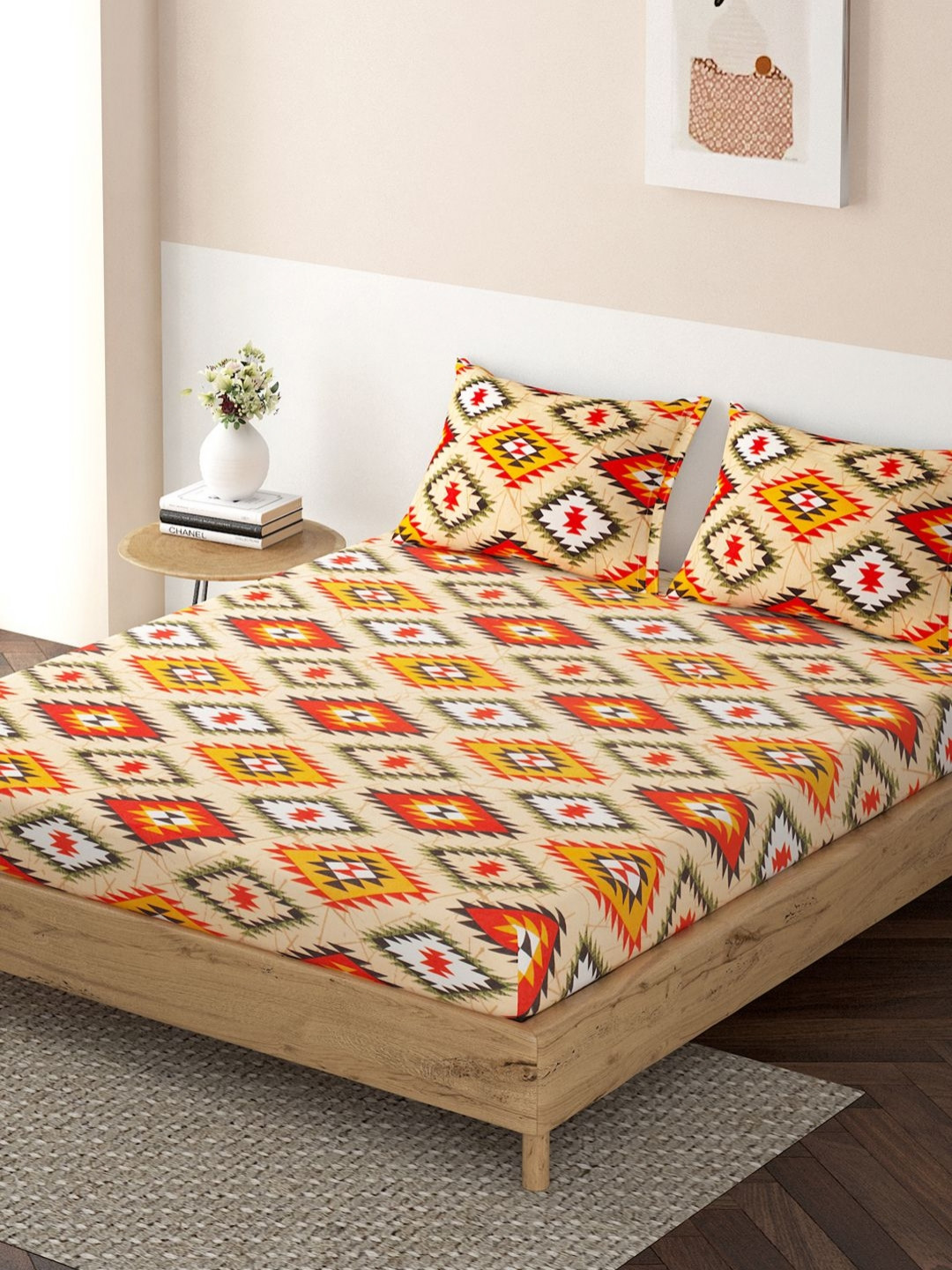 

HOKIPO Orange & Red Ethnic Motifs Printed 120 TC Queen Bedsheet with 2 Pillow Covers