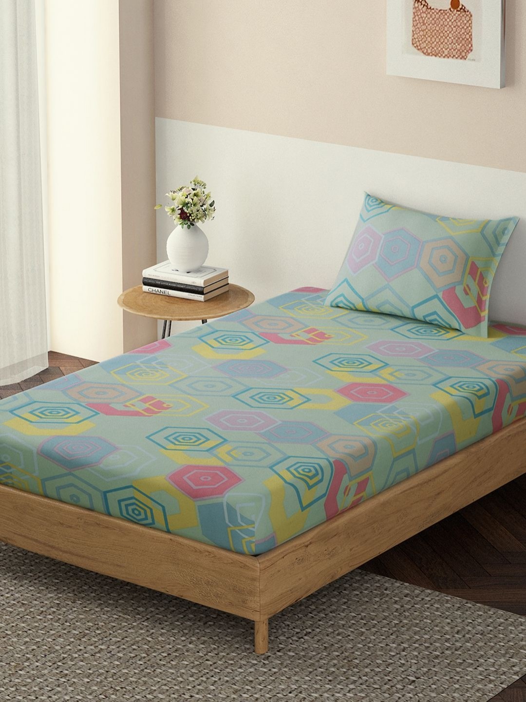 

HOKIPO Green Geometric Printed Cotton 140 TC Fitted Single Bedsheet with 1 Pillow Covers