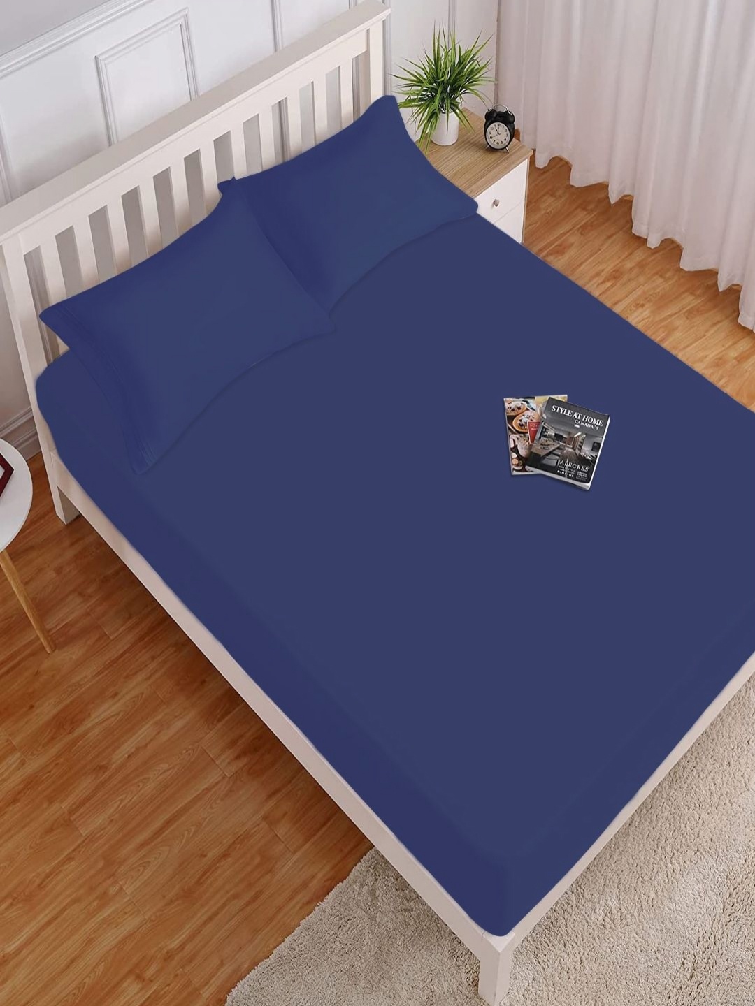 

HOKIPO Blue 130 TC Cotton Fitted King Bedsheet with 2 Pillow Covers